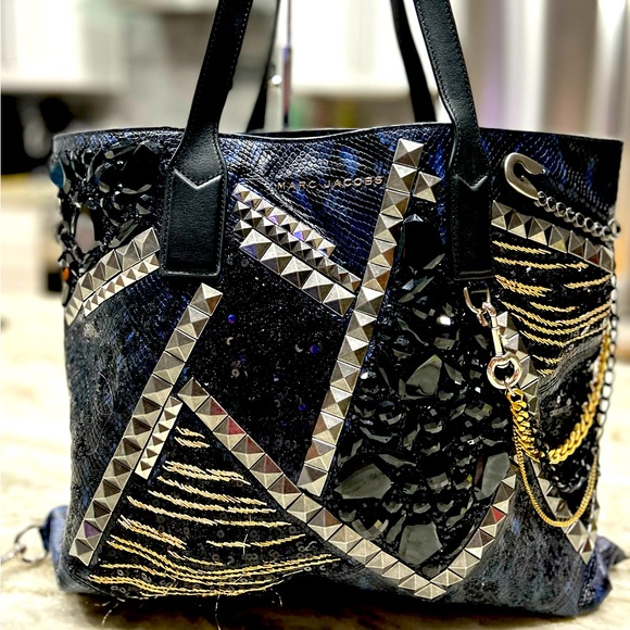 Marc Jacobs Authentic Large Blue/Black Python Embossed Leather Embellished Tote - Picture 2 of 15